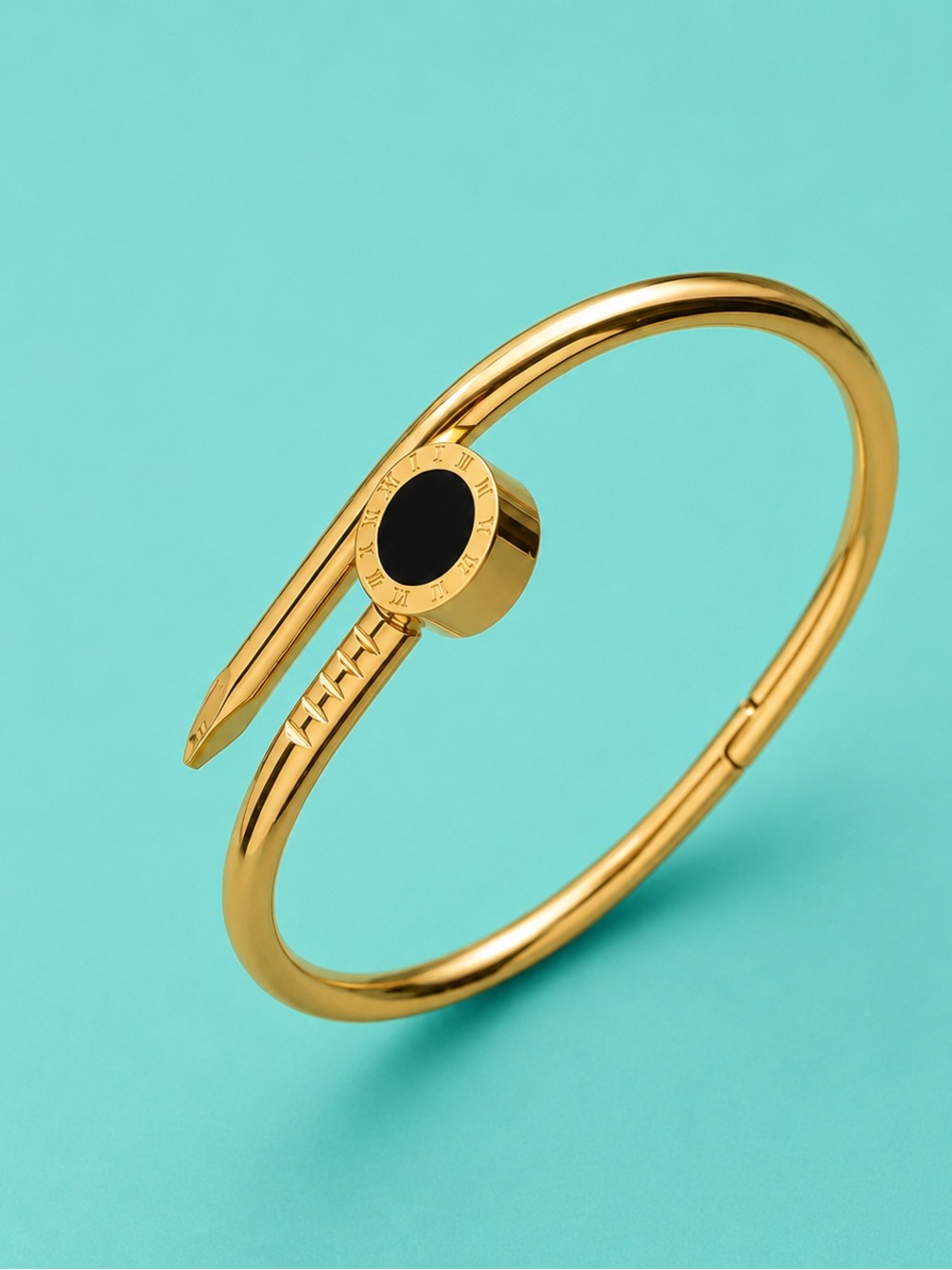 Gold Nail Cuff Black Roman Numeral Circle Bangle Bracelet